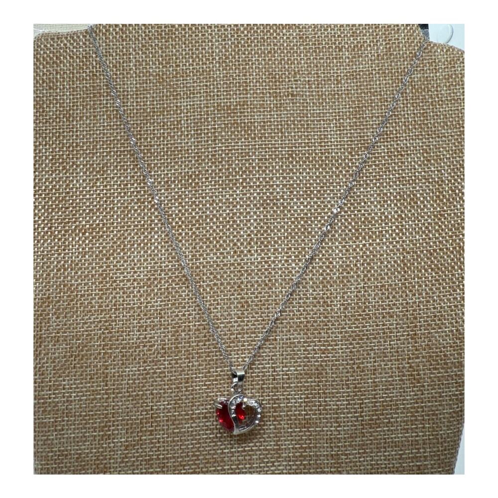 VALENTINE RED HEART WITH CRYSTALS PENDANT AND 17" CHAIN IN 925 STERLING SILVER